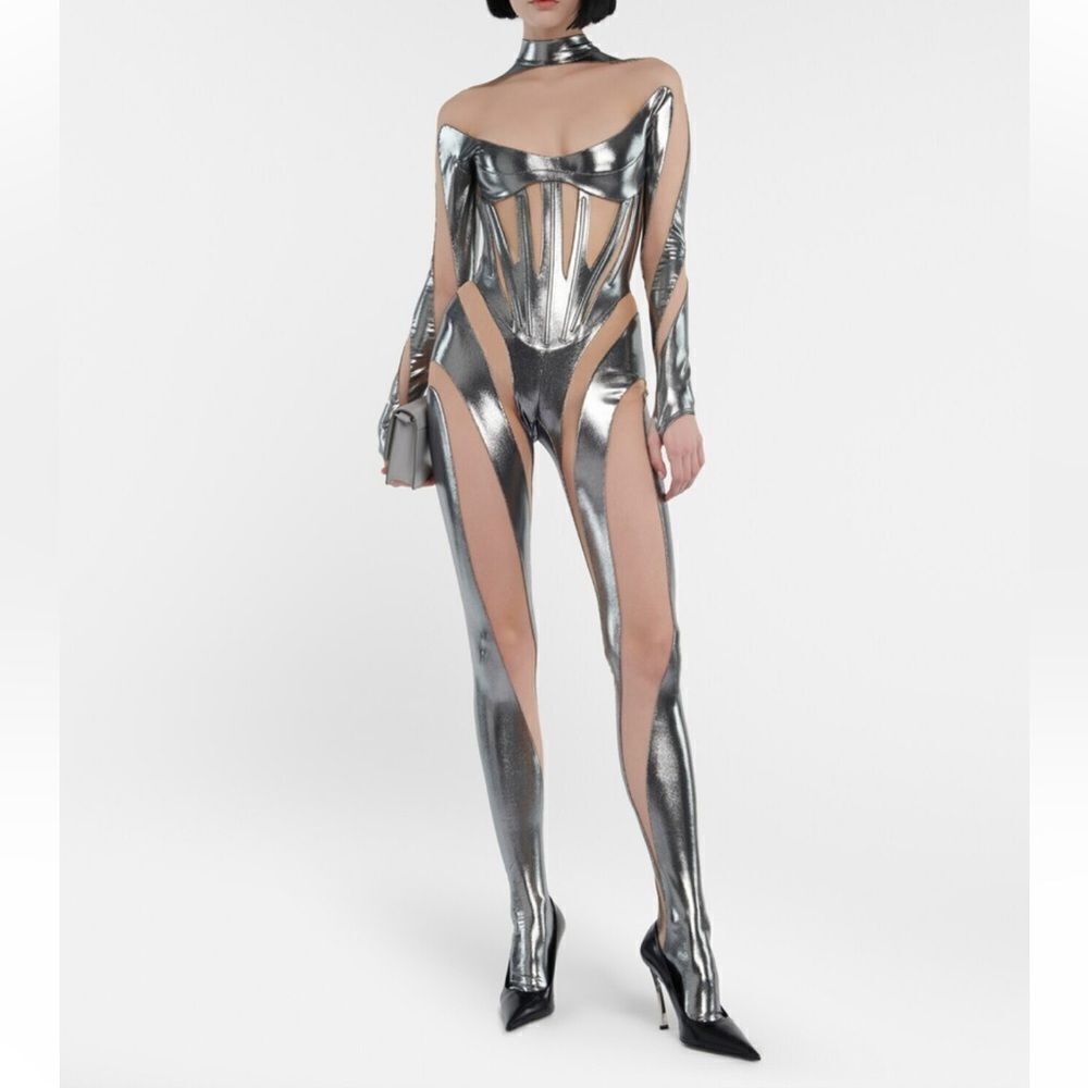 Mugler Iconic Illusion Mesh Catsuit  Jumpsuits Silver & Nude 34/2  NWT $2400